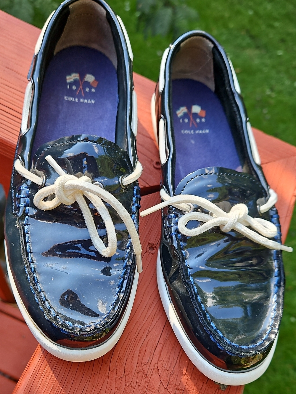 Cole Haan Navy Patent Loafers with White Laces